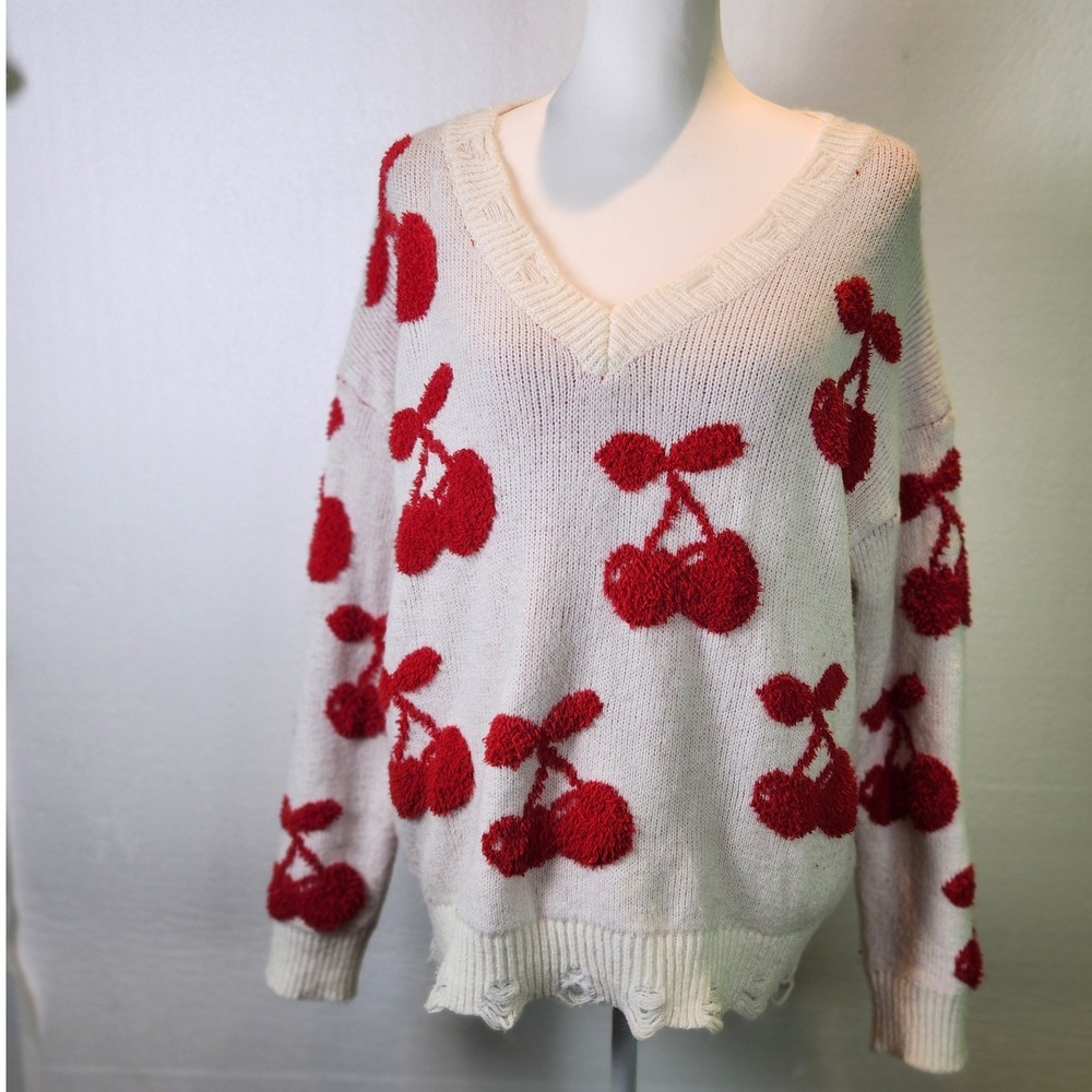 Altar'd State Womens Cherry Print Distressed Sweater Cream Red‎ Large Coquette